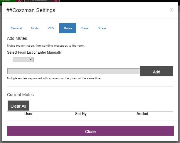 Settings panel, Mutes tab