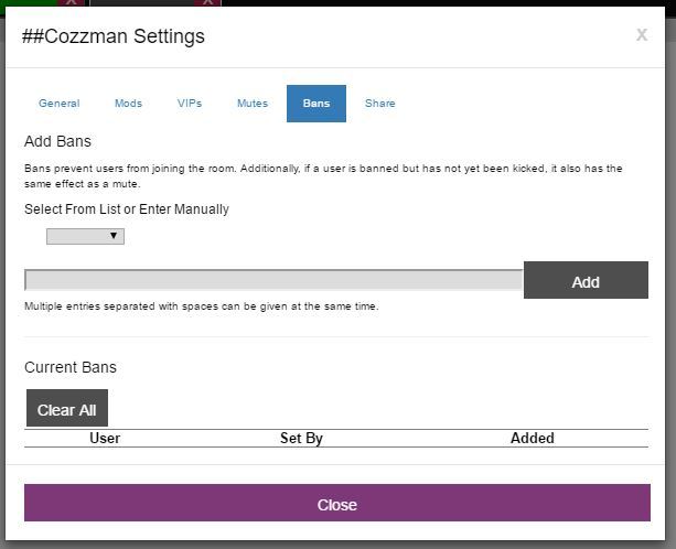 Settings panel, Bans tab