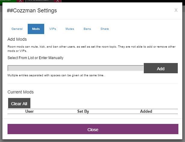 Settings panel, Mods tab